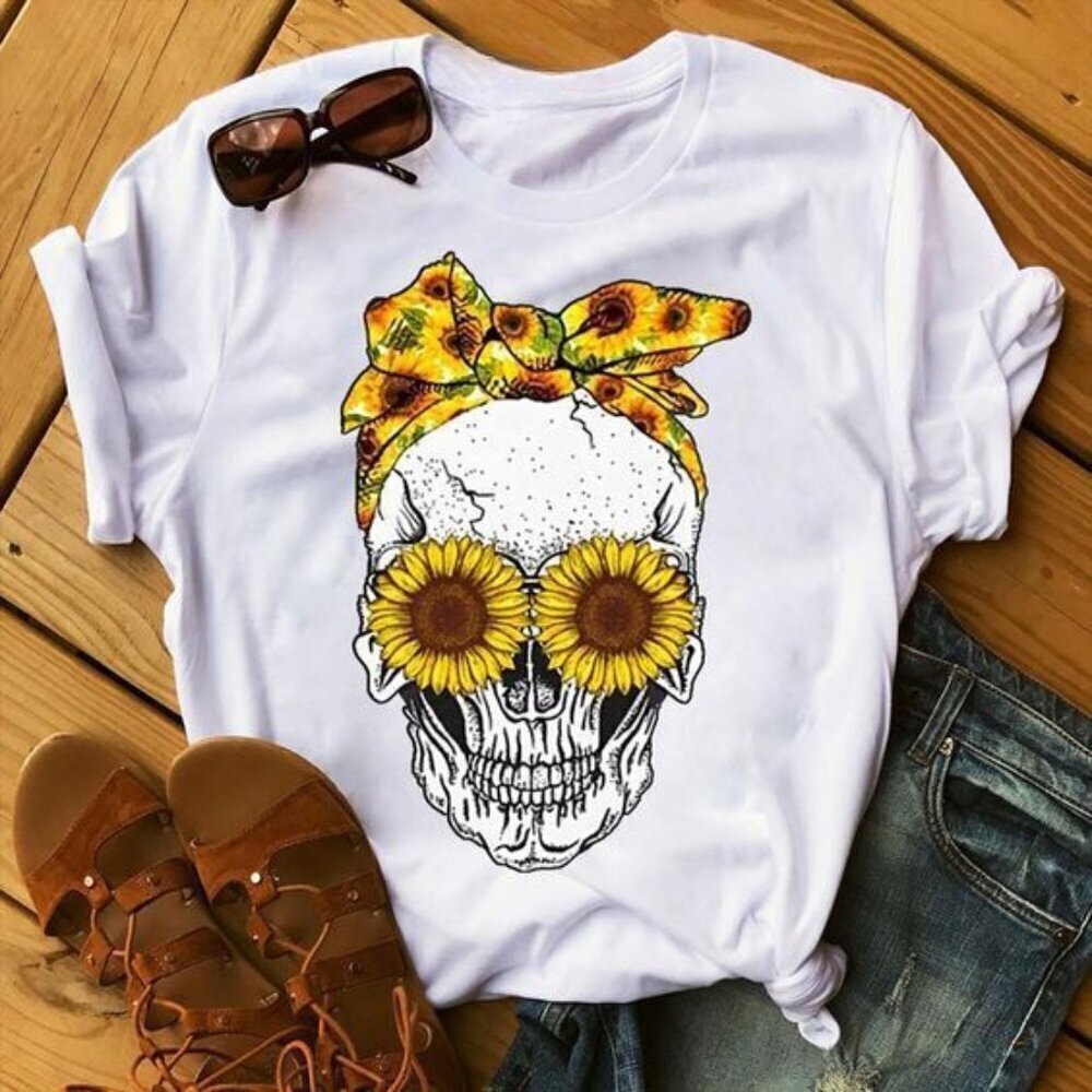 Sunflower Skull Lovers T Shirt Funny Sunflower Graphics Shirt Summer Shirt